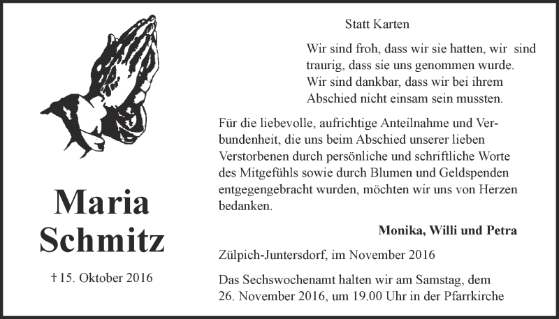  Traueranzeige für Maria Schmitz vom 19.11.2016 aus  Blickpunkt Euskirchen 