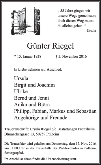 Anzeige von Günter Riegel von  Sonntags-Post 