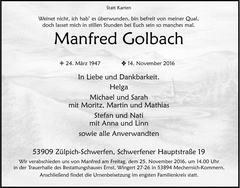  Traueranzeige für Manfred Golbach vom 19.11.2016 aus  Blickpunkt Euskirchen 