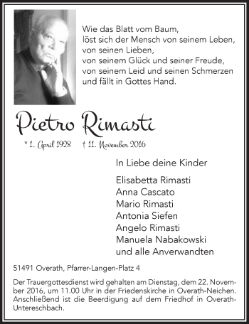 Anzeige von Pietro Rimasti von  Bergisches Handelsblatt 