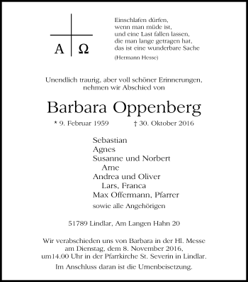 Anzeige von Barbara Oppenberg von Kölner Stadt-Anzeiger / Kölnische Rundschau / Express