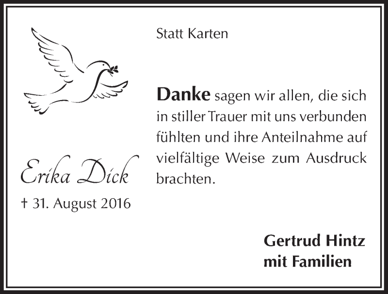  Traueranzeige für Erika Dick vom 02.11.2016 aus  Lokalanzeiger 