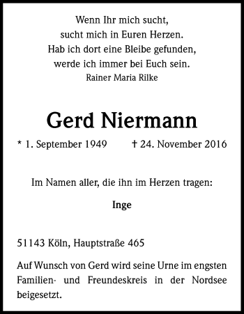 Anzeige von Gerd Niermann von Kölner Stadt-Anzeiger / Kölnische Rundschau / Express
