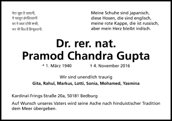 Anzeige von Pramod Chandra Gupta von Kölner Stadt-Anzeiger / Kölnische Rundschau / Express