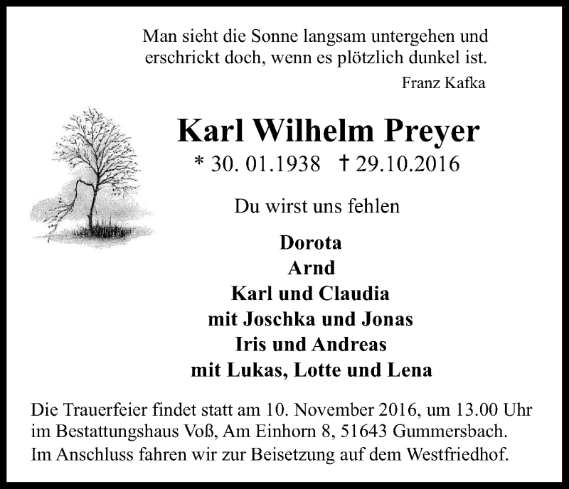  Traueranzeige für Karl Wilhelm Preyer vom 05.11.2016 aus Kölner Stadt-Anzeiger / Kölnische Rundschau / Express