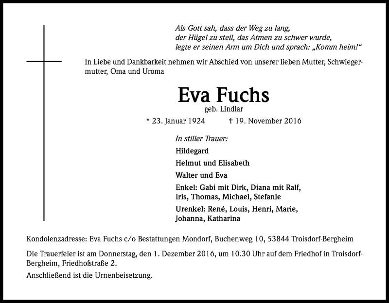  Traueranzeige für Eva Fuchs vom 26.11.2016 aus Kölner Stadt-Anzeiger / Kölnische Rundschau / Express