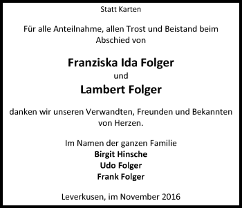 Anzeige von Franziska Ida und  Lambert Folger von Kölner Stadt-Anzeiger / Kölnische Rundschau / Express