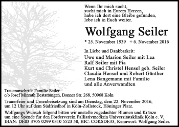 Anzeige von Wolfgang Seiler von Kölner Stadt-Anzeiger / Kölnische Rundschau / Express