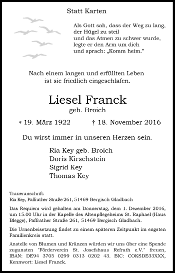 Anzeige von Liesel Franck von Kölner Stadt-Anzeiger / Kölnische Rundschau / Express
