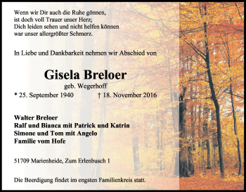 Anzeige von Gisela Breloer von Kölner Stadt-Anzeiger / Kölnische Rundschau / Express