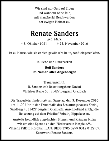 Anzeige von Renate Sanders von Kölner Stadt-Anzeiger / Kölnische Rundschau / Express