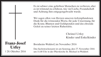 Anzeige von Franz-Josef Urfey von  Schaufenster/Blickpunkt 