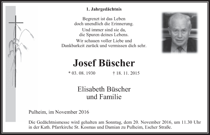  Traueranzeige für Josef Büscher vom 16.11.2016 aus  Wochenende 