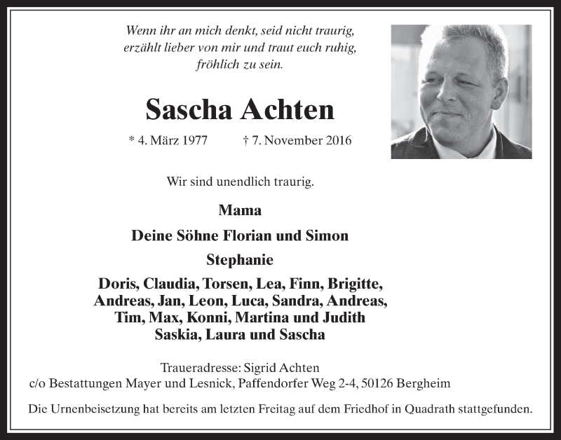  Traueranzeige für Sascha Achten vom 23.11.2016 aus  Werbepost 