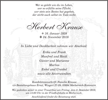 Anzeige von Herbert Krause von  Blickpunkt Euskirchen 