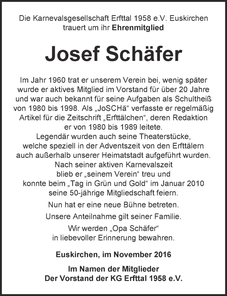  Traueranzeige für Josef Schäfer vom 12.11.2016 aus  Blickpunkt Euskirchen 