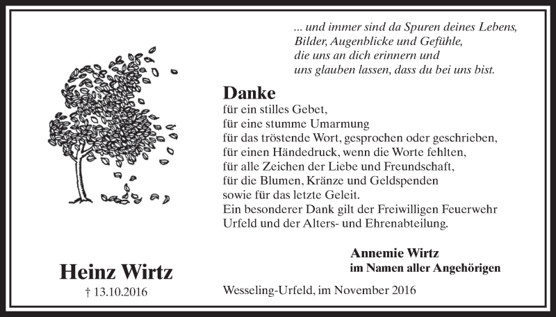  Traueranzeige für Heinz Wirtz vom 30.11.2016 aus  Schlossbote/Werbekurier 