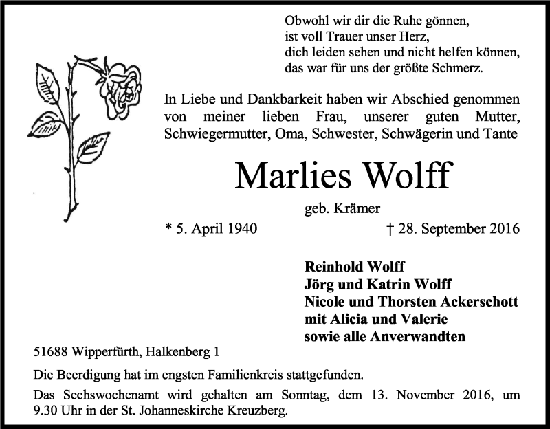  Traueranzeige für Marlies Wolff vom 05.11.2016 aus Kölner Stadt-Anzeiger / Kölnische Rundschau / Express
