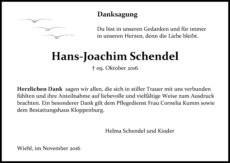  Traueranzeige für Hans-Joachim Schendel vom 16.11.2016 aus Kölner Stadt-Anzeiger / Kölnische Rundschau / Express