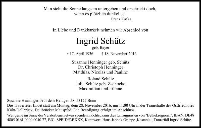  Traueranzeige für Ingrid Schütz vom 26.11.2016 aus Kölner Stadt-Anzeiger / Kölnische Rundschau / Express