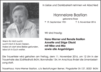 Anzeige von Hannelore Bastian von  Schlossbote/Werbekurier 