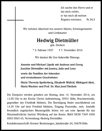 Anzeige von Hedwig Dietmüller von Kölner Stadt-Anzeiger / Kölnische Rundschau / Express