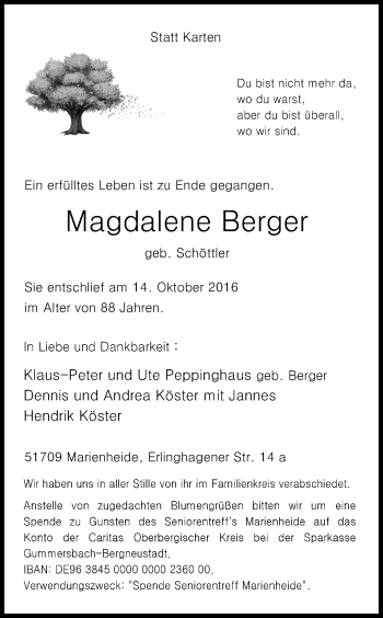 Anzeige von Magdalene Berger von Kölner Stadt-Anzeiger / Kölnische Rundschau / Express