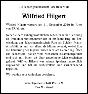 Anzeige von Wilfried Hilgert von Kölner Stadt-Anzeiger / Kölnische Rundschau / Express
