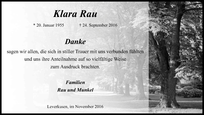  Traueranzeige für Klara Rau vom 11.11.2016 aus Kölner Stadt-Anzeiger / Kölnische Rundschau / Express