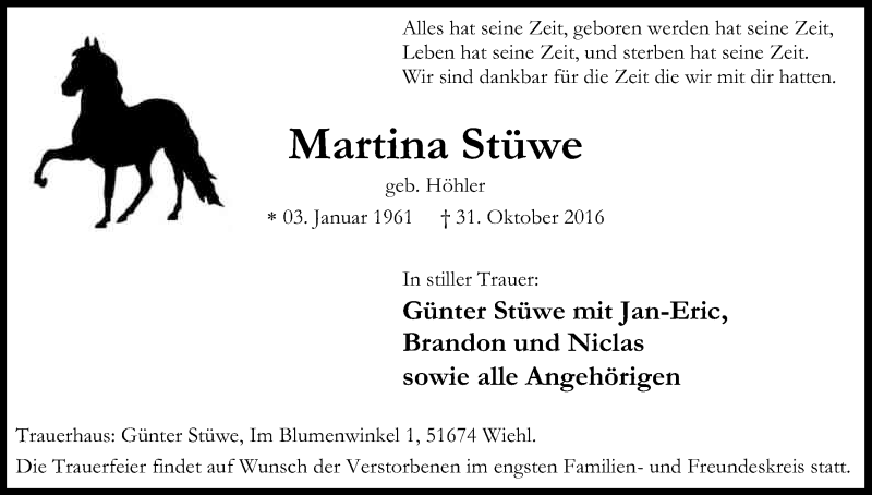  Traueranzeige für Martina Stüwe vom 05.11.2016 aus Kölner Stadt-Anzeiger / Kölnische Rundschau / Express