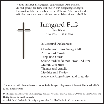 Anzeige von Irmgard Fuß von  Blickpunkt Euskirchen 