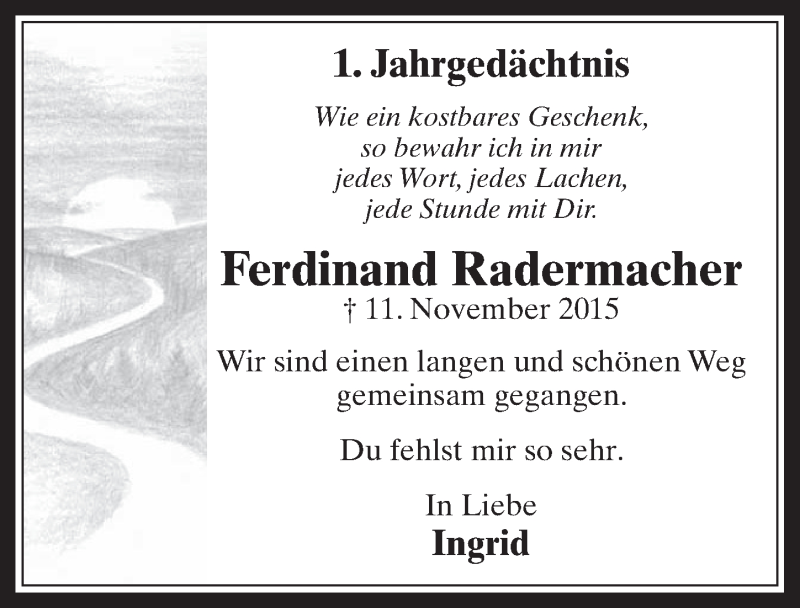  Traueranzeige für Ferdinand Radermacher vom 09.11.2016 aus  Werbepost 