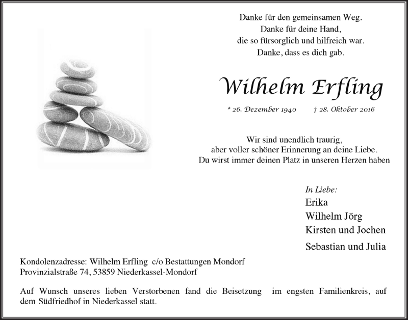  Traueranzeige für Wilhelm Erfling vom 09.11.2016 aus  Extra Blatt 
