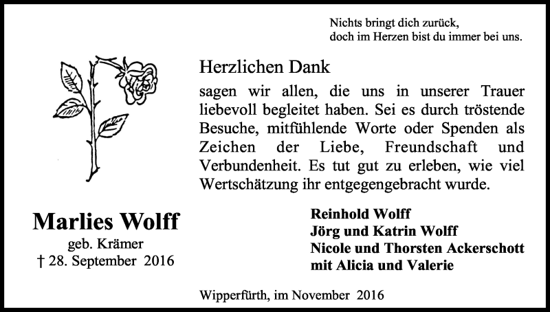  Traueranzeige für Marlies Wolff vom 26.11.2016 aus Kölner Stadt-Anzeiger / Kölnische Rundschau / Express