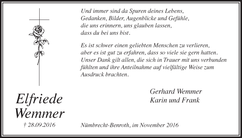  Traueranzeige für Elfriede Wemmer vom 16.11.2016 aus  Lokalanzeiger 