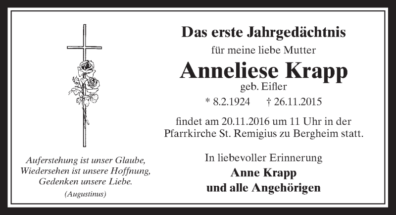  Traueranzeige für Anneliese Krapp vom 16.11.2016 aus  Werbepost 