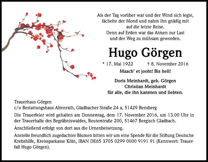  Traueranzeige für Hugo Görgen vom 12.11.2016 aus Kölner Stadt-Anzeiger / Kölnische Rundschau / Express