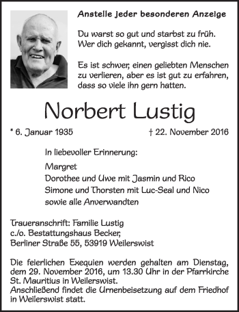 Anzeige von Norbert Lustig von  Blickpunkt Euskirchen 