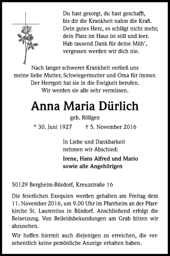 Anzeige von Anna Maria Dürlich von Kölner Stadt-Anzeiger / Kölnische Rundschau / Express
