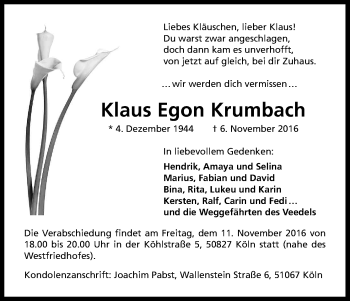 Anzeige von Klaus Egon Krumbach von Kölner Stadt-Anzeiger / Kölnische Rundschau / Express