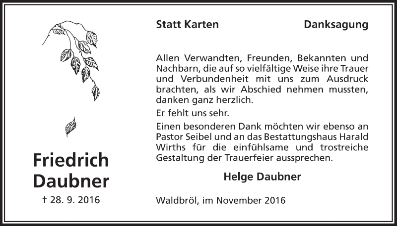  Traueranzeige für Friedrich Daubner vom 09.11.2016 aus  Lokalanzeiger 