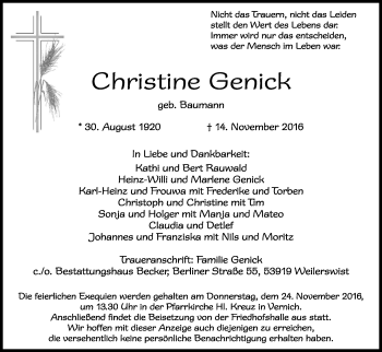 Anzeige von Christine Genick von Kölner Stadt-Anzeiger / Kölnische Rundschau / Express
