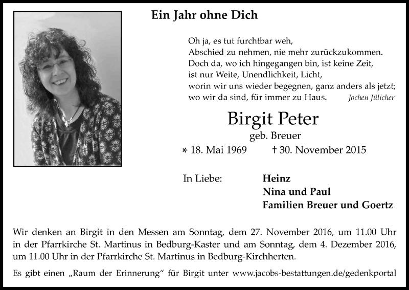  Traueranzeige für Birgit Peter vom 19.11.2016 aus Kölner Stadt-Anzeiger / Kölnische Rundschau / Express
