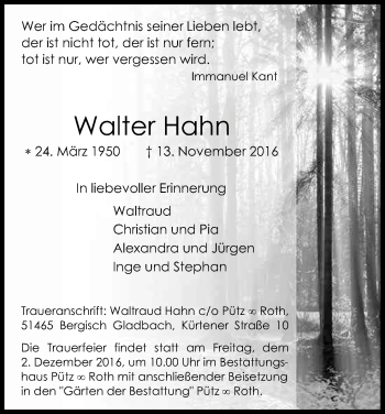 Anzeige von Walter Hahn von Kölner Stadt-Anzeiger / Kölnische Rundschau / Express