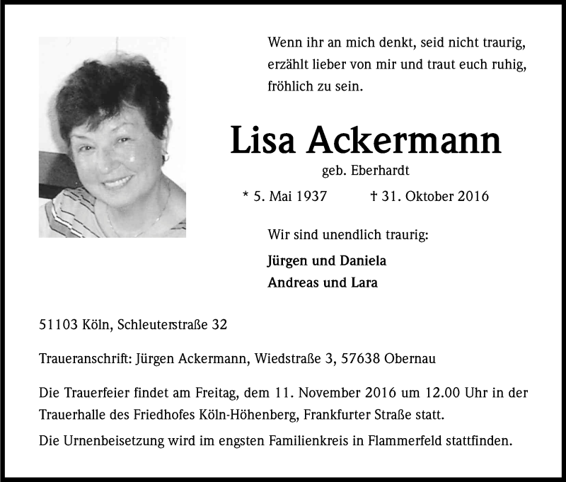  Traueranzeige für Lisa Ackermann vom 08.11.2016 aus Kölner Stadt-Anzeiger / Kölnische Rundschau / Express