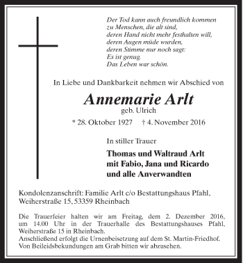 Anzeige von Annemarie Arlt von  Schaufenster/Blickpunkt 