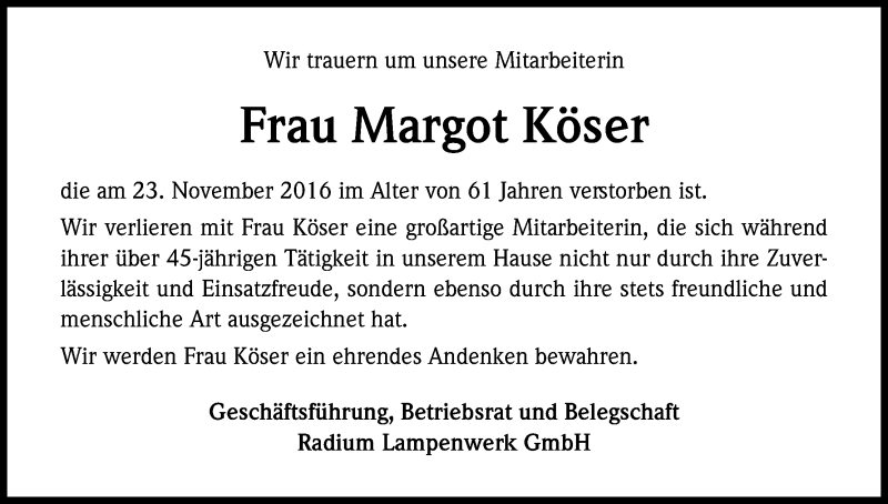  Traueranzeige für Margot Köser vom 01.12.2016 aus Kölner Stadt-Anzeiger / Kölnische Rundschau / Express