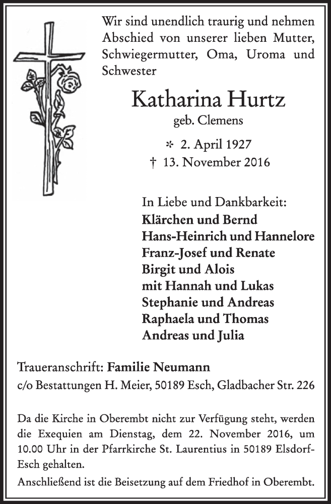  Traueranzeige für Katharina Hurtz vom 19.11.2016 aus  Sonntags-Post 