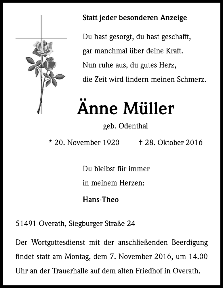  Traueranzeige für Änne Müller vom 05.11.2016 aus Kölner Stadt-Anzeiger / Kölnische Rundschau / Express