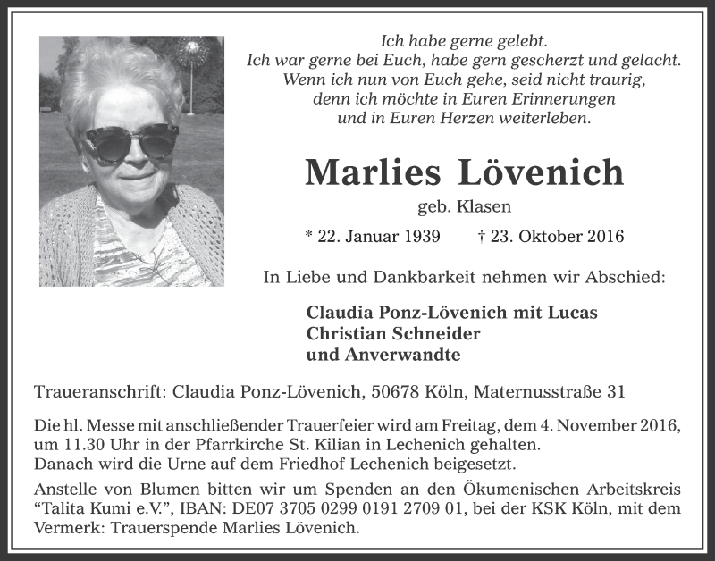  Traueranzeige für Marlies Lövenich vom 02.11.2016 aus  Werbepost 